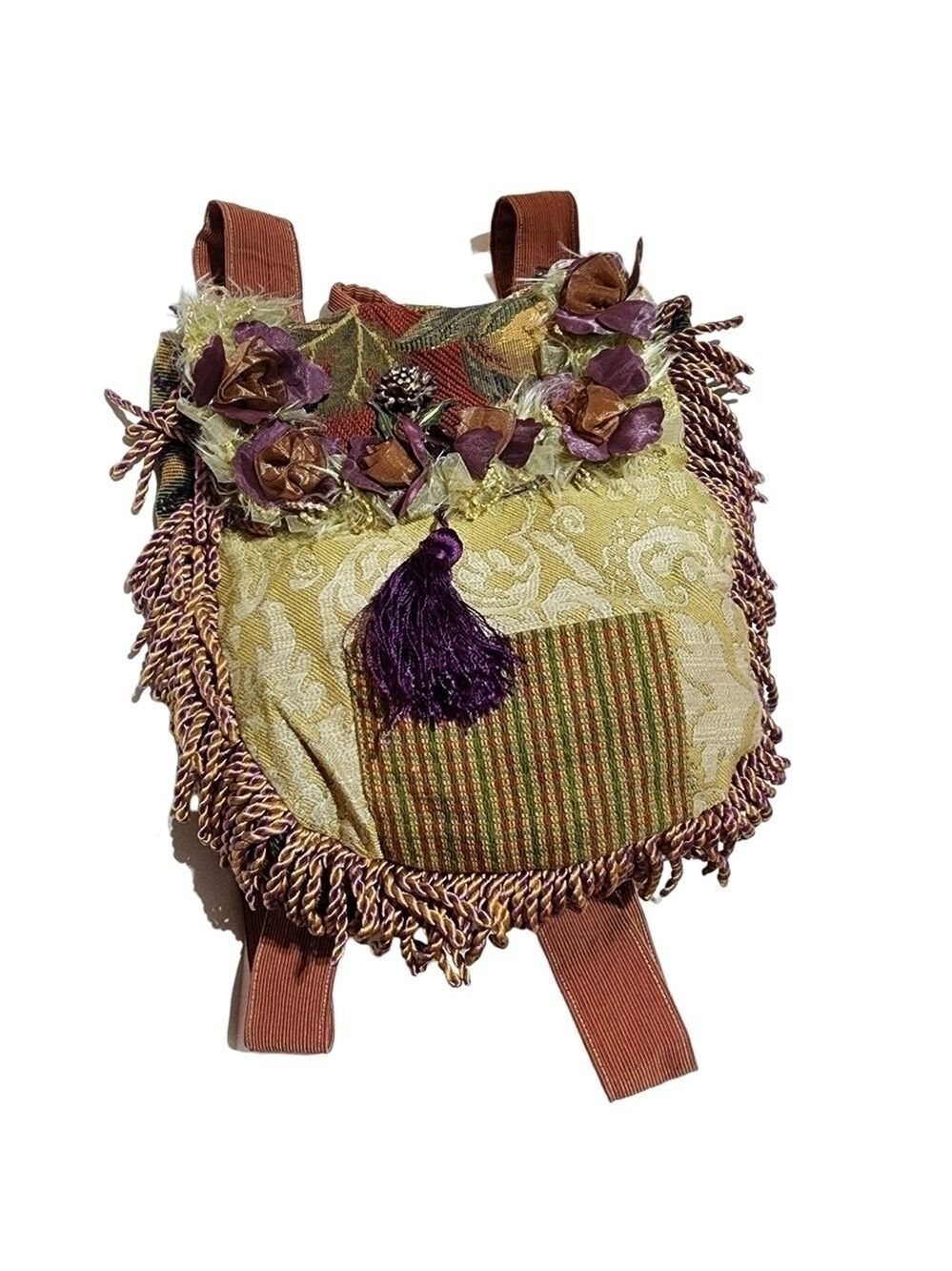 Whimsicle boho tapestry fringe brooch shabby chic backpack bag purse